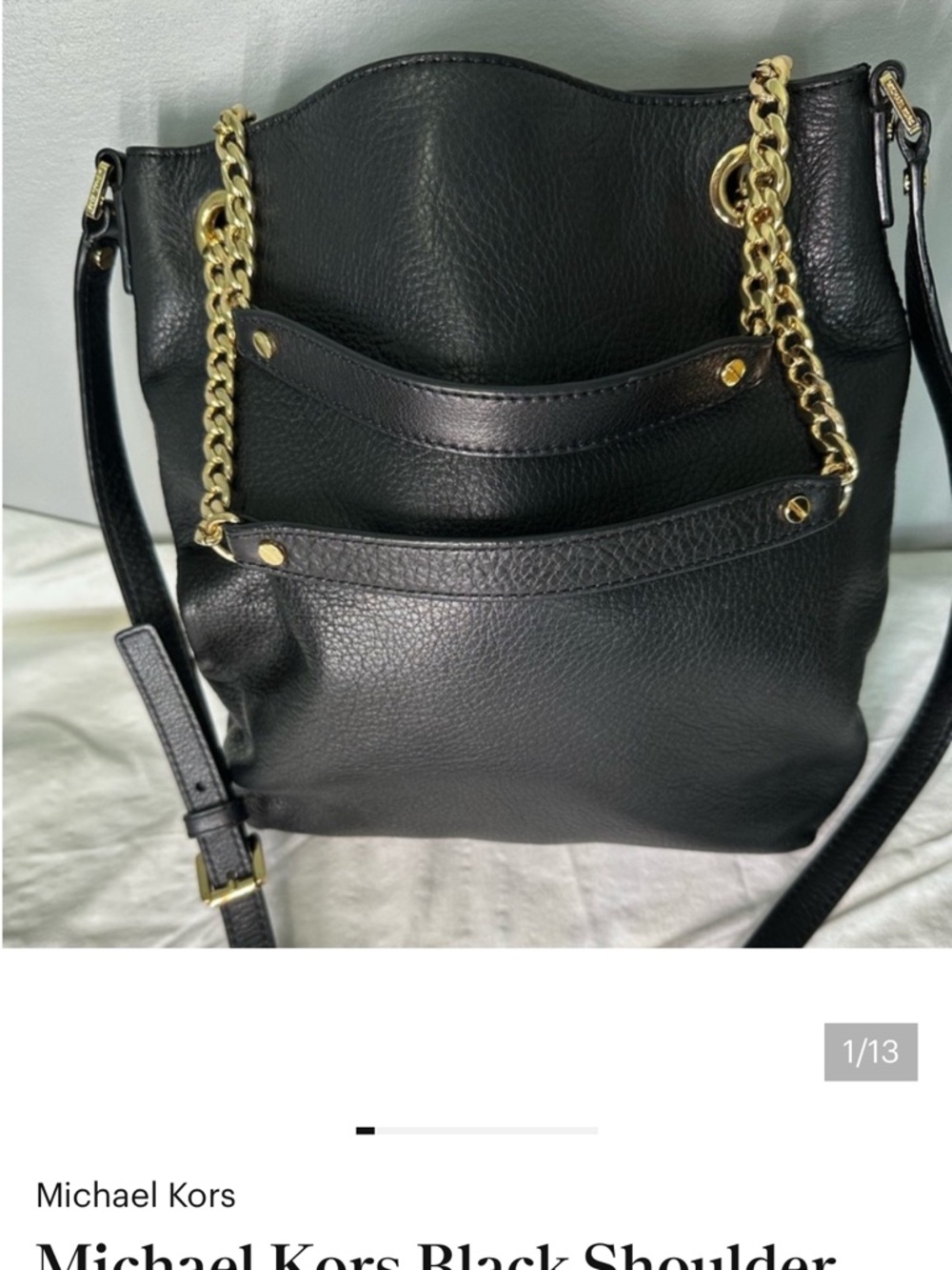Michael Kors Black Pebbled Leather Shoulder Bag with Gold Chain Detail